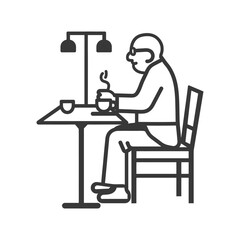 Elderly Man Sitting at Table with a Cup of Coffee and Lamp