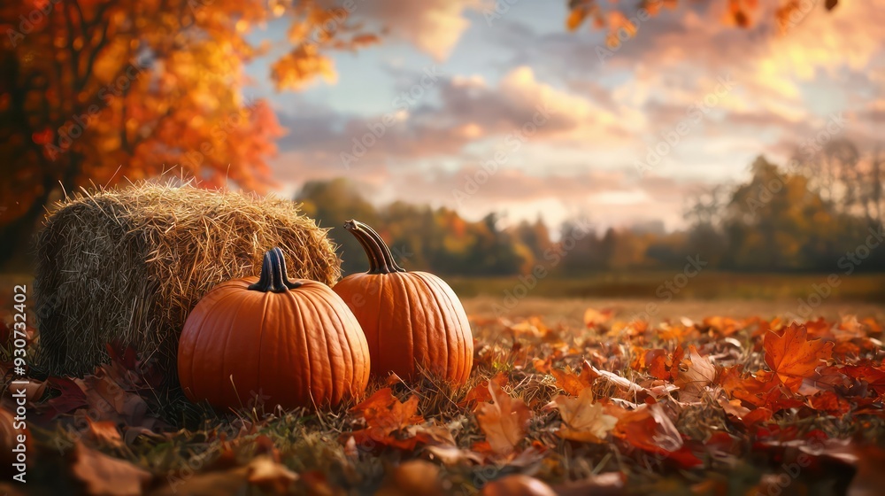 Poster two pumpkins are sitting on the ground next to a hay bale. the scene is set in a field with autumn l