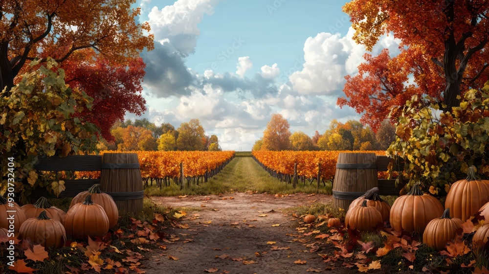 Aufkleber A beautiful autumn scene with a path leading to a vineyard. The path is lined with pumpkins and leaves, and there are several barrels along the way