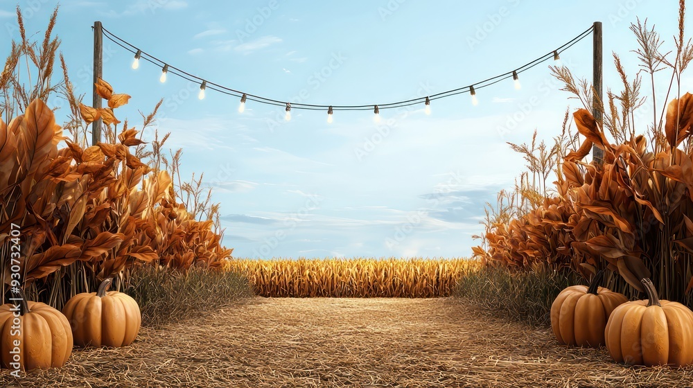 Poster A field of corn with a path in the middle and a row of pumpkins on the right
