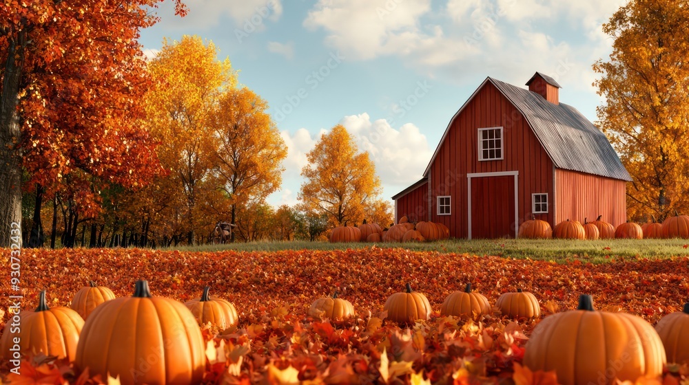Poster A red barn with a large number of pumpkins in front of it. The scene is set in a field of autumn leaves