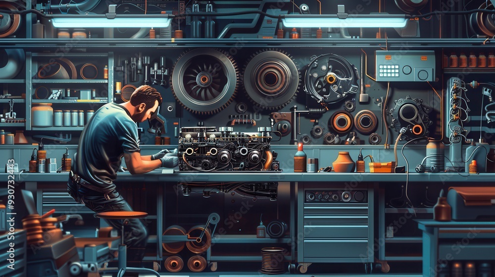 Aufkleber A mechanic is conducting a computer diagnosis on a vehicle while working on engine repairs in a modern automotive workshop. Generative AI