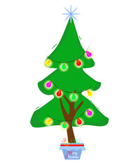A Christmas card with an elegant Christmas tree, a garland, Christmas balls and an inscription. Logo, symbol of the holiday