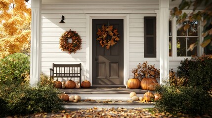 A porch with a wreath and pumpkins on the steps. The pumpkins are orange and the wreath is made of leaves. The porch has a bench and a door