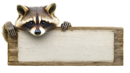 A raccoon holding onto the side of a blank wooden sign, with its curious face peering over, isolated, cut out.