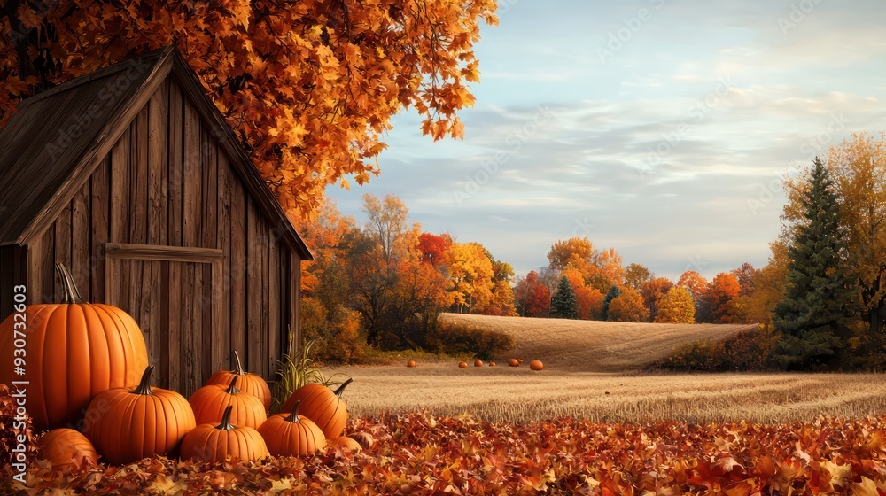 Poster a barn with pumpkins on the front and a field of pumpkins in the background. scene is warm and invit