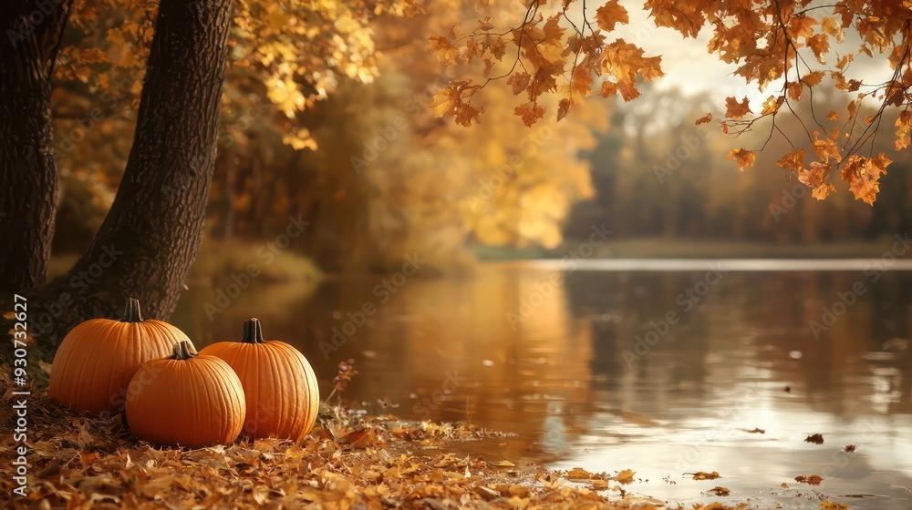 Poster a scene of three pumpkins on the ground next to a body of water. scene is peaceful and serene, with 
