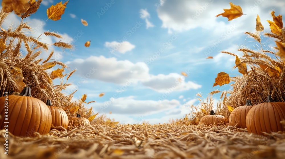 Poster a field of golden wheat with a few pumpkins scattered throughout. the sky is blue and there are clou