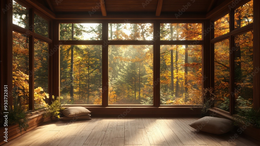 Aufkleber A large room with a view of trees and a window. The room is empty and has a peaceful, calming atmosphere