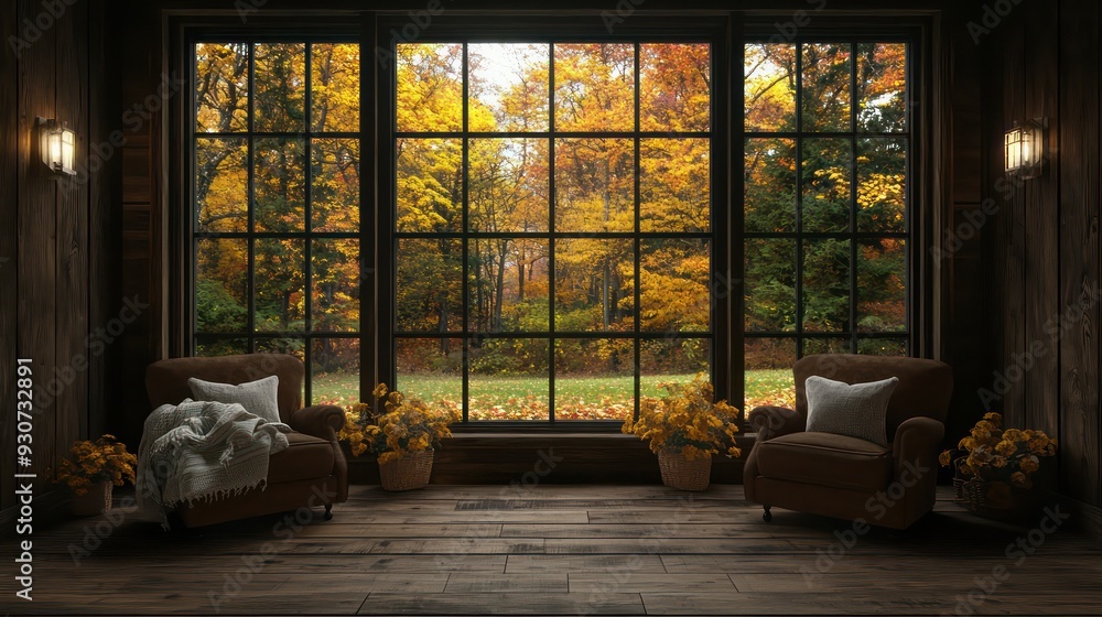 Poster a room with two brown chairs and a window with trees outside