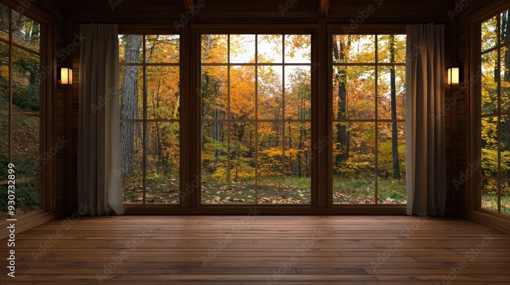 Poster a large room with three windows and a wooden floor. the windows are open, letting in the sunlight an