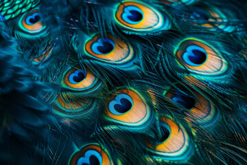 Close up of peacock feathers showing iridescent blue and green colors
