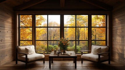 Fototapeta premium A cozy living room with two white chairs and a wooden table. The room has a warm and inviting atmosphere, with a view of trees in the background