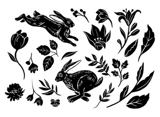 Hare and flowers, vintage monochrome vector drawing, engraving style, © aksol