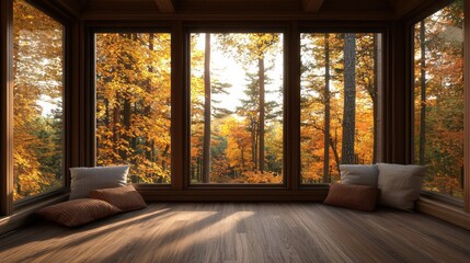 Fototapeta premium A room with a view of trees and a window. The room is empty and has two pillows on the floor