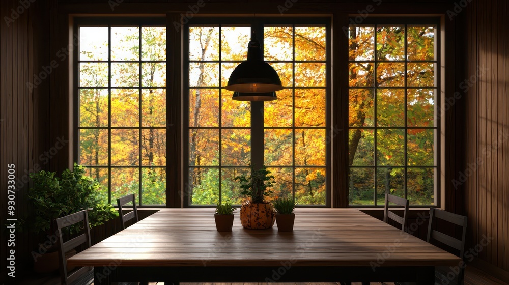 Aufkleber A table with three windows in the background and a lamp on the table. The table is surrounded by chairs and potted plants. Scene is warm and inviting, with the natural light from the windows