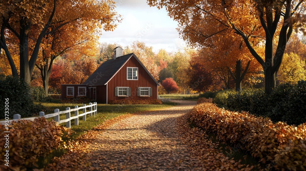 Aufkleber A red house with a white fence sits in front of a road lined with trees. The leaves are changing colors, creating a warm and inviting atmosphere