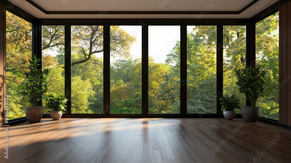 Poster A large room with a view of trees and a potted plant. The room is empty and has a lot of natural light coming in through the windows