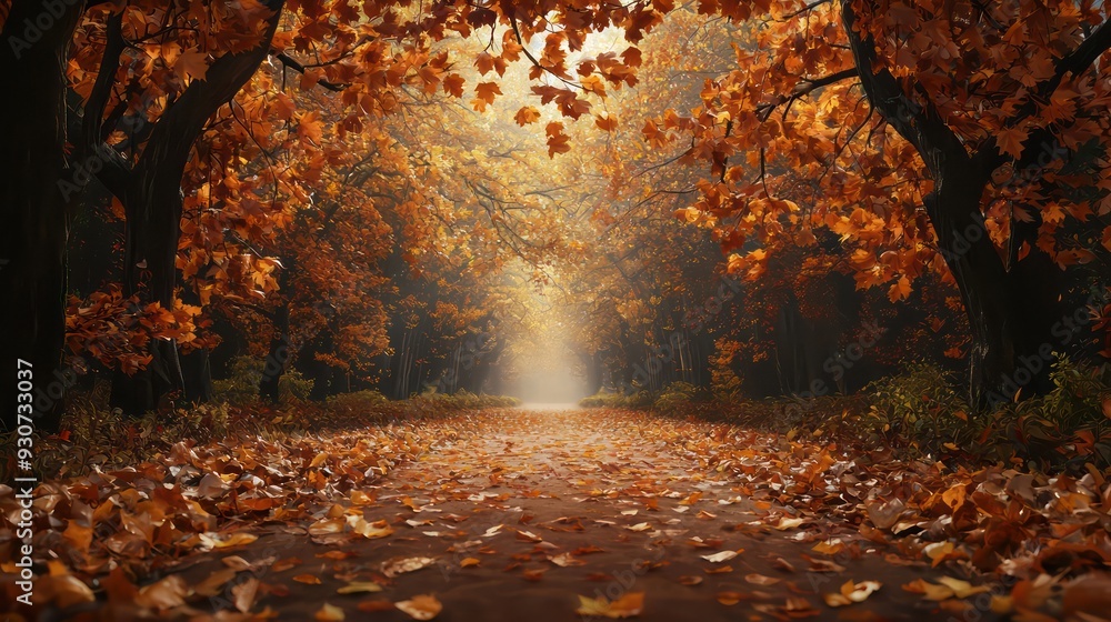 Poster a path through a forest with leaves on the ground. the leaves are orange and the path is covered in 