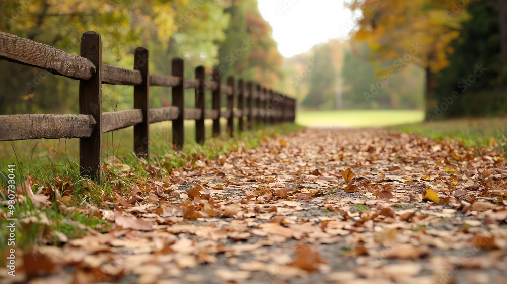 Poster A fence with a path in front of it. The path is covered in leaves