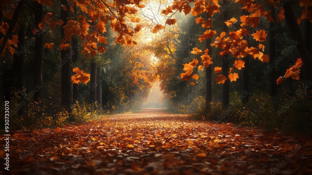 Poster a forest with a path through it and leaves on the ground. the leaves are orange and the sun is shini