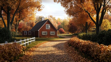 Fototapeta premium A red house with a white fence sits in front of a road lined with trees. The leaves are changing colors, creating a warm and inviting atmosphere