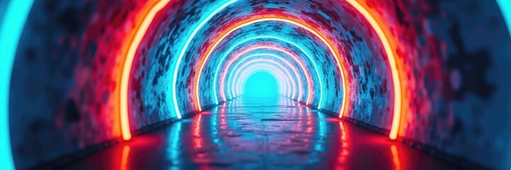 Naklejka premium A vibrant neon tunnel creating a futuristic atmosphere, perfect for tech, music, or nightlife themes in design projects.