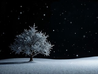 Snow-Covered Tree at Night with Falling Snowflakes