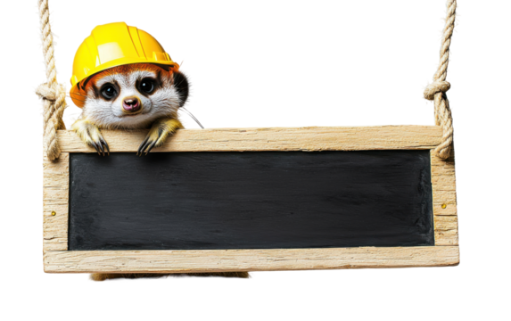 A happy meerkat wearing a yellow construction helmet, peeking over a school long blackboard hanging from a rope, isolated, cut out. - Powered by Adobe
