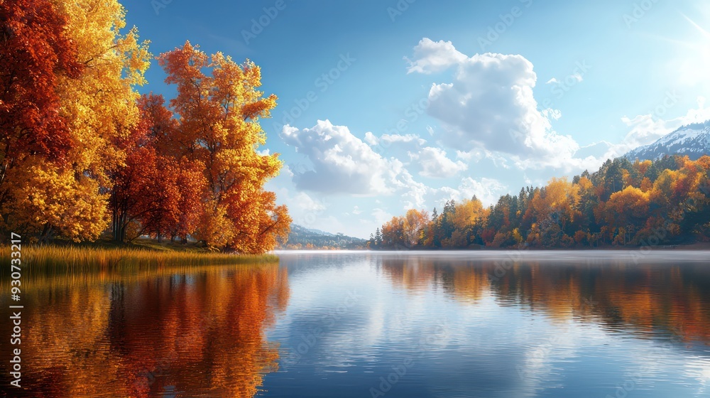Poster a beautiful autumn day with a lake in the background. the trees are full of leaves and the sky is cl