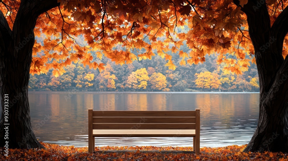 Poster A bench is sitting in front of a lake with trees in the background. The bench is empty and the trees are full of leaves. The scene is peaceful and serene, with the water reflecting the trees