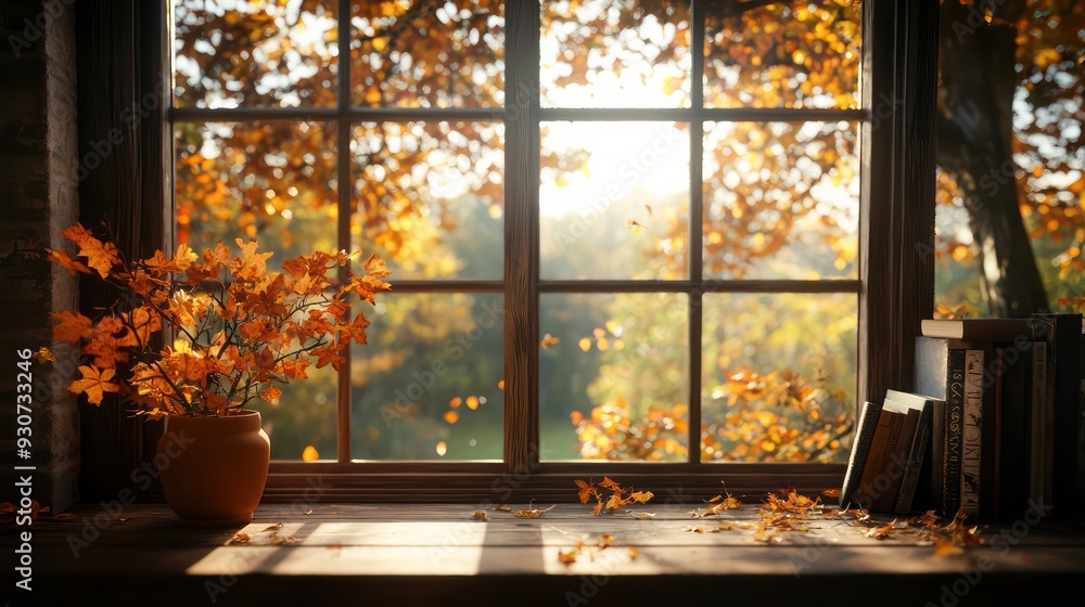 Poster a vase of autumn leaves sits on a table next to a window. the window is open, letting in the sunligh