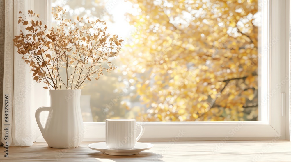 Poster a white vase with flowers sits on a table next to a white coffee cup. the scene is bright and cheerf