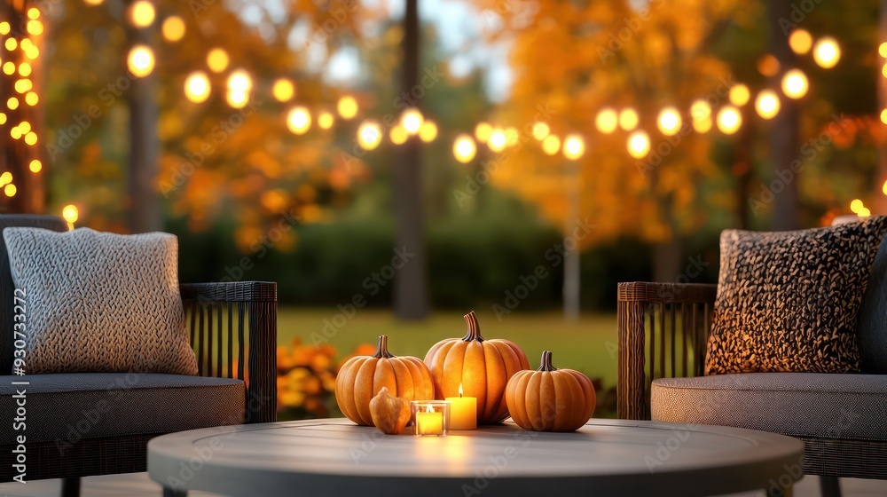 Poster a table with a few pumpkins and candles on it. the table is surrounded by chairs. scene is warm and 