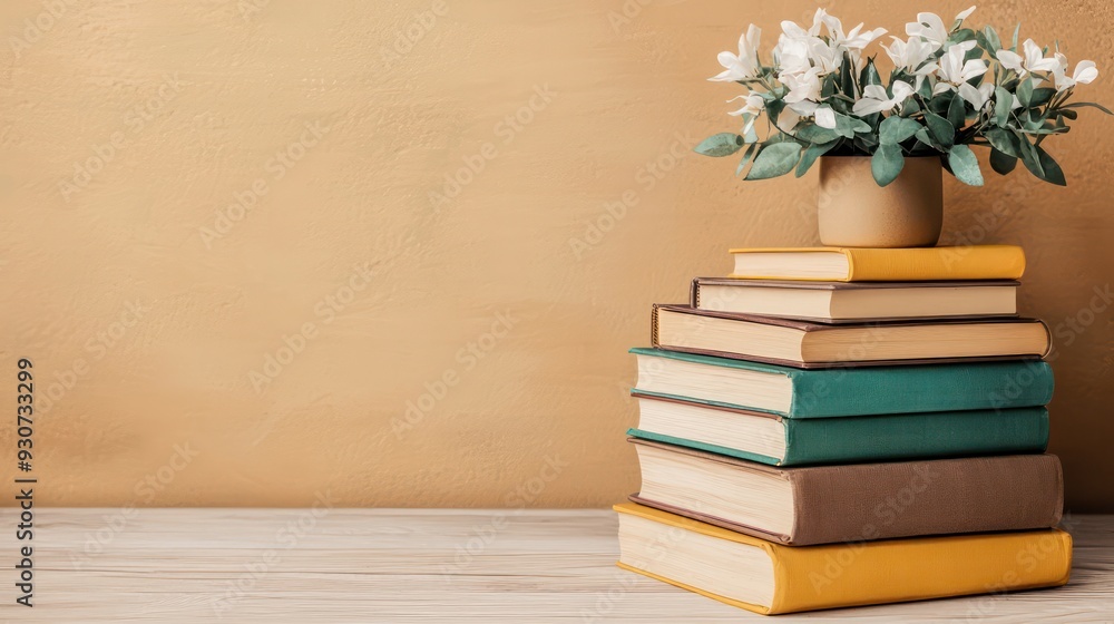 Poster A stack of books with a vase of flowers on top. The books are arranged in a pyramid shape, with the largest book at the bottom and the smallest at the top. The vase of flowers adds a touch of elegance