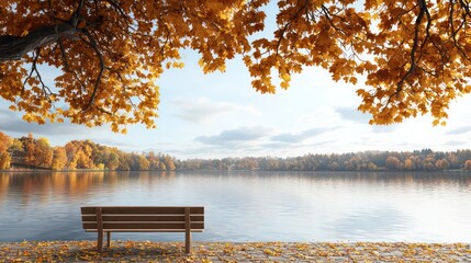 Obraz premium A bench is sitting on the shore of a lake, with trees in the background. The scene is peaceful and serene, with the water reflecting the trees and the sky