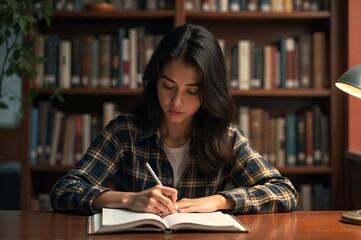 Focused Student Writing in Library Study Area