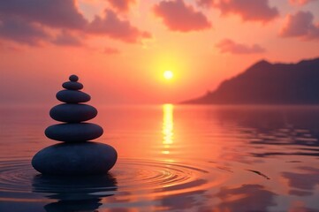 Serene Sunset Meditation: Balanced Stones at Twilight