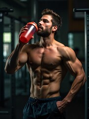 Muscular guy drinking water after training