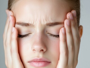 Close-Up of Young Woman with Hands on Face and Eyes Closed, Expressing Stress or Discomfort