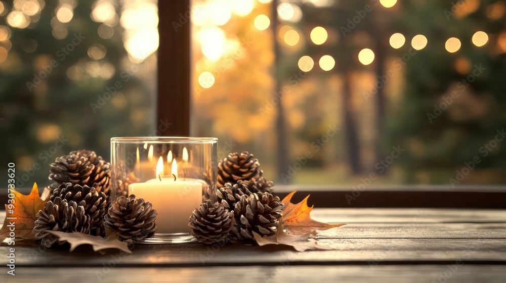 Poster a candle is lit in a glass container with pine cones and leaves. the candle is surrounded by pine co