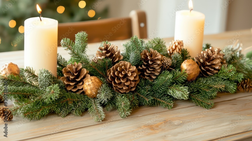 Poster a table with two candles and pine cones on it. scene is warm and cozy, perfect for a holiday gatheri