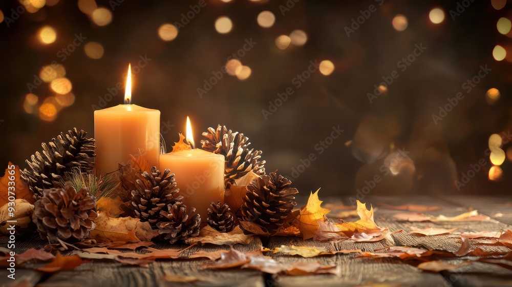 Poster a candlelit table with two candles and pine cones on a wooden surface. the scene has a warm and cozy