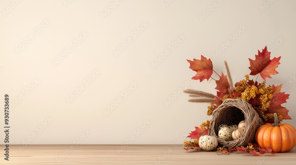 Poster a basket of eggs and pumpkins sits on a wooden table. the scene is simple and peaceful, with the bas