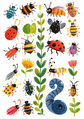 A long strip of cute cartoon insects and plants of different colors and shapes, such as ladybugs, grasshoppers, snails, butterflies, flowers, etc., arranged in rows on a white background.