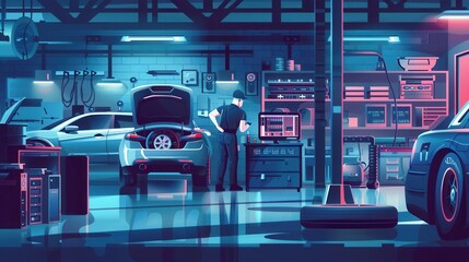Fototapeta premium A mechanic conducts a computer diagnosis on a car while working on engine repairs in a well-equipped automotive workshop. Generative AI