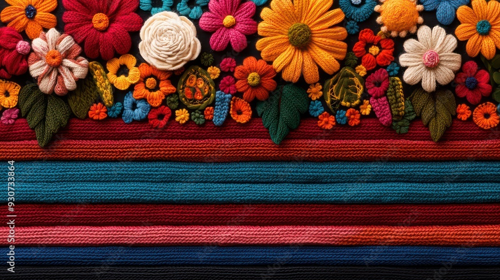 Poster a colorful floral design is woven into a striped background. the flowers are made of yarn and are ar