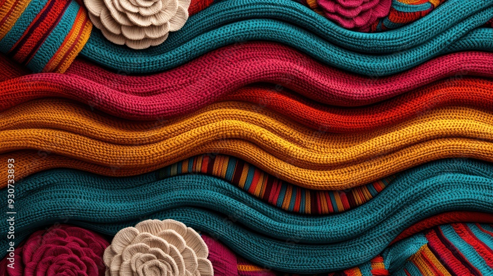 Aufkleber a colorful piece of fabric with a flower pattern and a wave design. the colors are bright and vibran