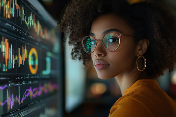 Data scientist analyzing graphs and charts on a computer screen