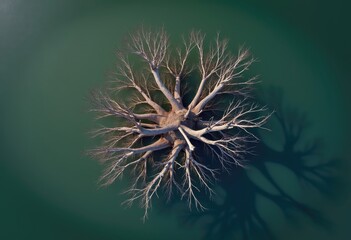 Fototapeta premium An aerial view of a bare tree surrounded by tranquil water, capturing the beauty of nature's contrast in a serene landscape.